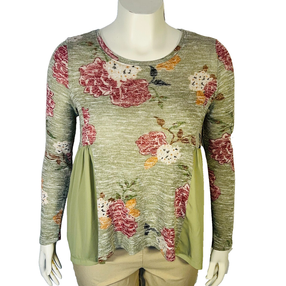 Altar'd State Peasant Top Womens M Knit Green Floral Mixed Media Long Sleeve